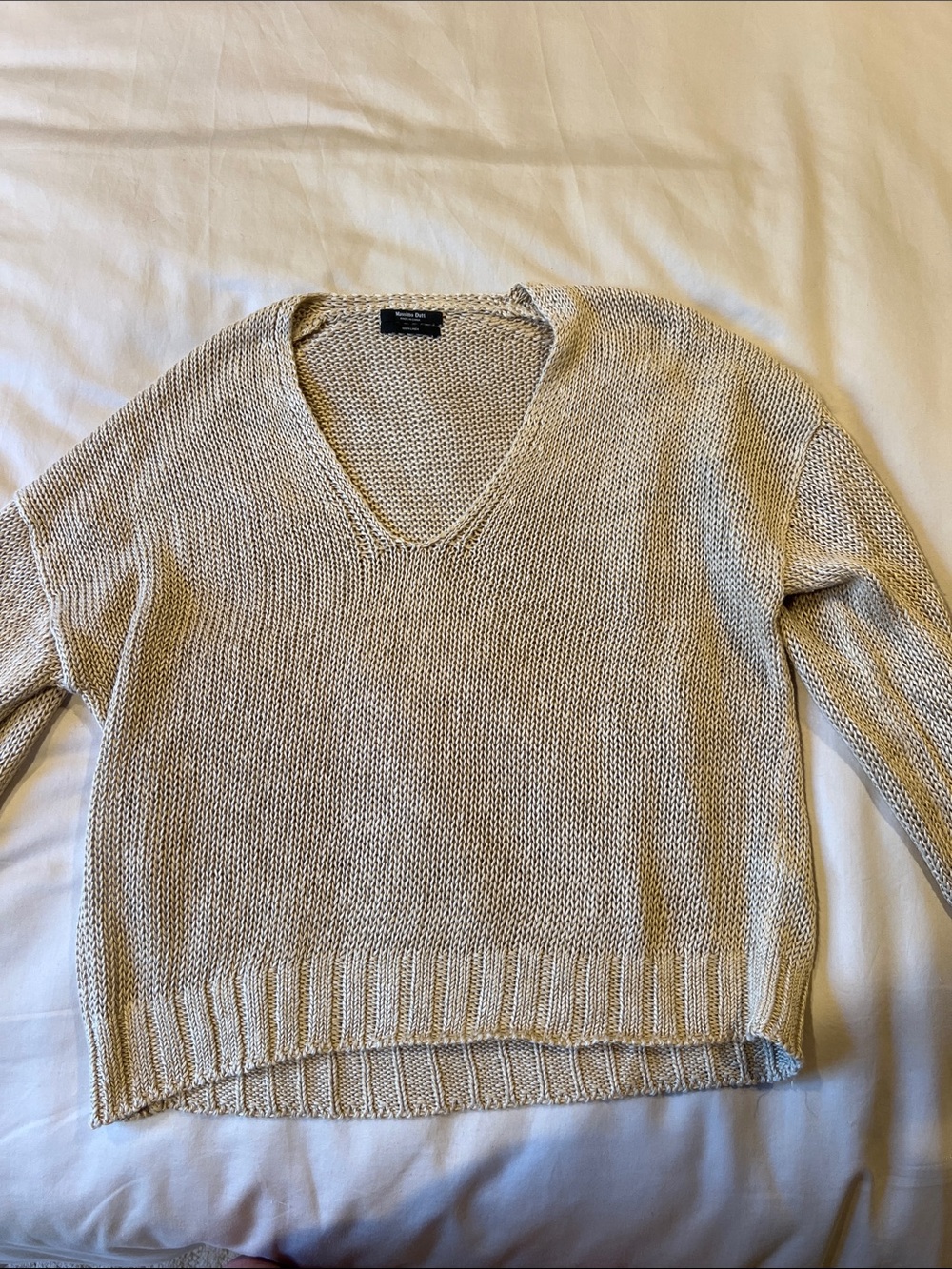 Massimo Dutti Cream V-Neck Open-Knit Sweater